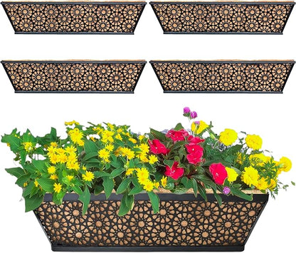 4 Pack 24" Railing Planter Window Box Deck Balcony Rail Planter Black Metal Flower Basket Horse Trough Planter with Coco Fiber Liner for Porch Fence Patio Outdoor
