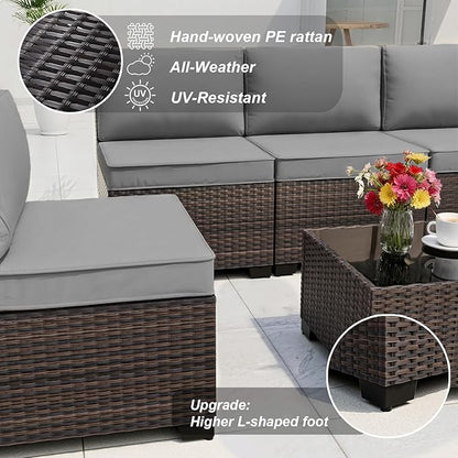 ALAULM Patio Furniture Set with Coffee Table, 9 Pieces Outdoor Sectional with Wide Seat and Thick Cushion, All Weather Wicker Rattan Conversation Set for Backyard, Garden, Deck, Grey