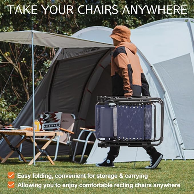 Sweetcrispy Zero Gravity Chairs, Set of 2 Portable Recliner Beach Camping Patio Outdoor Folding Lounge Chair with Cup Holder Trays and Adjustable Pillow for Poolside, Garden, Backyard, Lawn (Blue)