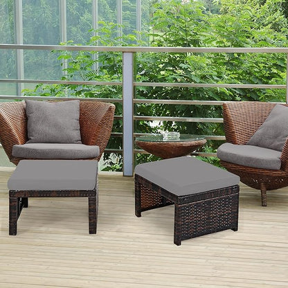 Tangkula 2 Pieces Patio Rattan Ottomans, All Weather Outdoor Footstool Footrest Seat with Soft Cushion, Hidden Zipper, High-Density Sponge, Wicker Ottoman Seat for Patio, Garden, Poolside