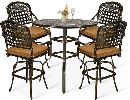 VIVIJASON 5-Piece Outdoor Swivel Bar Stools Set, All Weather Cast Aluminum Patio Bar Height Bistro Set with 4 Cushioned Bar Chairs & 38.5" High Bar Table w/Umbrella Hole for Backyard, Lawn, Garden