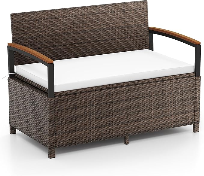 Benches, 46 Gallon Outdoor Storage Loveseat, Brown PE Rattan