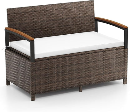 Benches, 46 Gallon Outdoor Storage Loveseat, Brown PE Rattan
