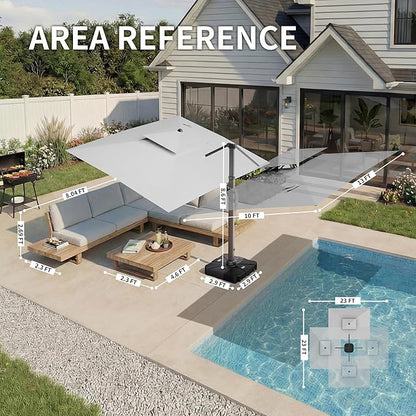 10 X 13 FT Cantilever Patio Umbrella with Led Lights and Base Included Outdoor Heavy Duty Double Top Rectangle Offset Umbrellas with 360-degree Rotation for Pool Deck Backyard, Foggy Grey