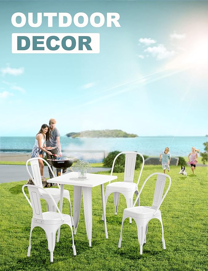 Patio Dining Chairs Matte White Metal Farmhouse Stackable Set of 4