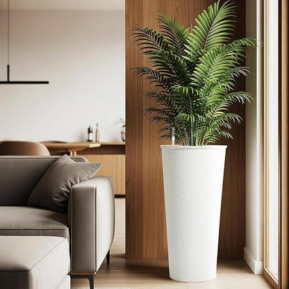 Worth 2 Pack 28" Tall Narrow Metal Planter with Inside Pot for Indoors or Outdoors, Deck, Patio or Front Porch, Hand-Hammered Texture, White