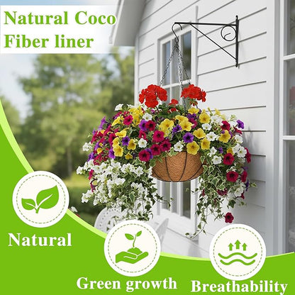 4 Pack Hanging Planter Basket with Coco Coin Liner 8 inch Hanging Flower Pots Outdoor Decorative Round Wire Plant Holder with Chain Metal Hanging Baskets for Plants Outdoor