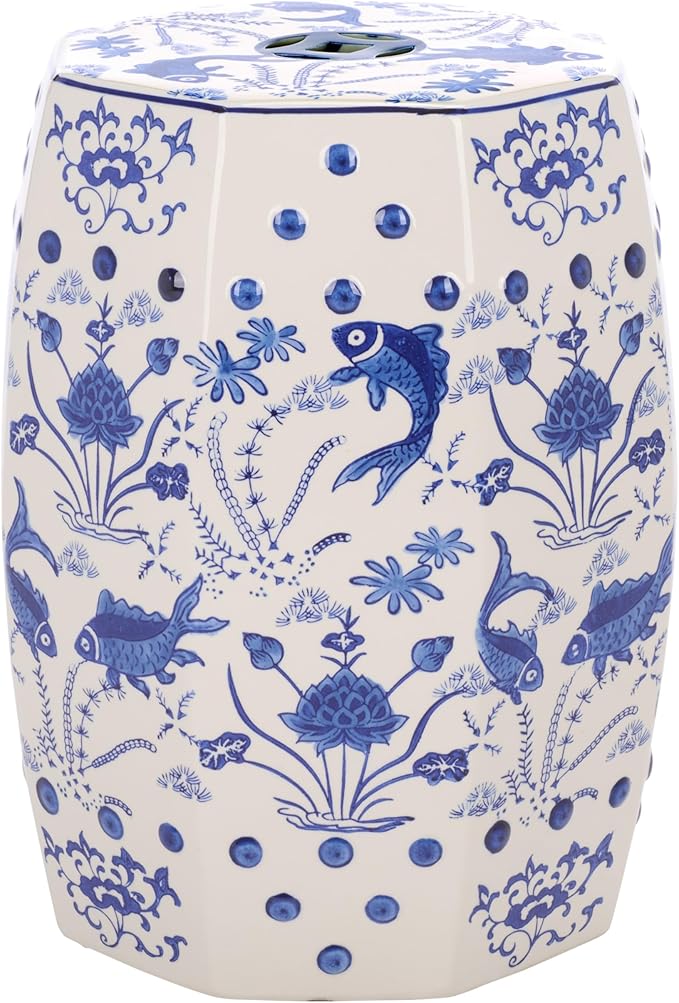Decorative Garden Stool with Blue Ceramic Seat and Stone Frame
