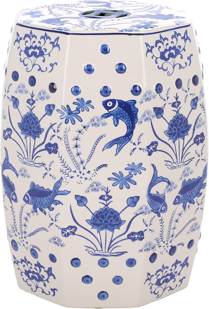 Decorative Garden Stool with Blue Ceramic Seat and Stone Frame