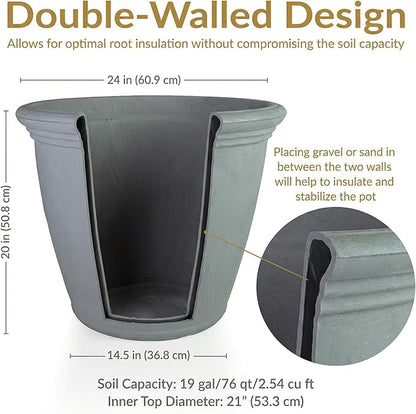 Sunnydaze 24-Inch Anjelica Large Plastic Pot for Plants - Outdoor Double-Walled Large Plastic Planter with Drillable Drainage Holes - Light Gray - 2pk
