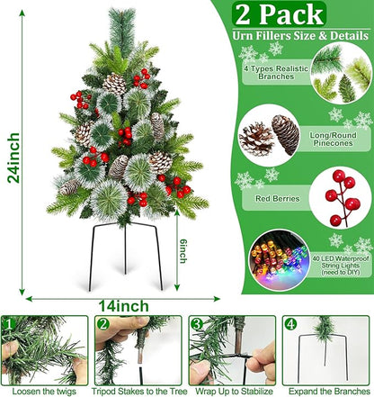 2 Pack Outdoor Christmas Tree Urn Fillers with 8 Modes Timer, 40 Warm & Colorful Change Lights, Pinecones Red Berries Decorations, Battery Operated for Holiday Planters Yard Porch Pathway Xmas Decor