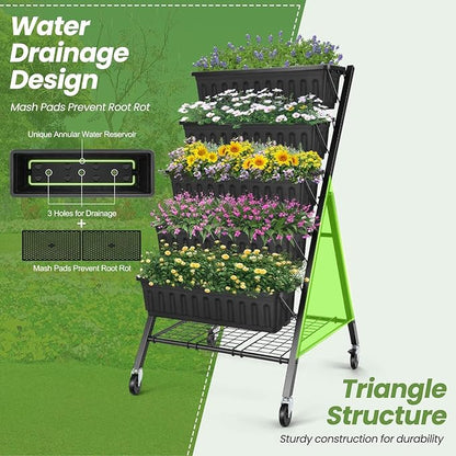 SEJOV 5-Tier Raised Garden Bed, 4FT Vertical Garden Planter with Storage Rack and Lockable Caster Wheels, Indoor Outdoor Raised Planter Box with Drainage System for Vegetables, Flowers, Herbs, Black