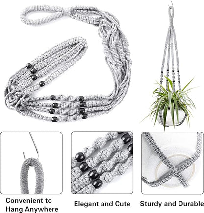 Augshy 2 Packs Macrame Hanging Planter, Indoor Hanging Planter Basket with Wood Beads Decorative Macrame Pot Hanger for Home Decor (Grey)