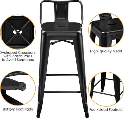 Yaheetech Bar Stools Set of 4, Metal Counter Height Chairs, 26 Inch Industrial Kitchen Stools with Backrest and Footrest for Indoor/Outdoor, Matte Black
