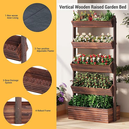 Vertical Wooden Raised Garden Bed Planters Wood Planter Kit Plant Stand Flower Rack Planter Box Gardening Plants Herbs Flowers Vegetables Outdoor Indoor Freestanding (Carbonized 5-Tier)