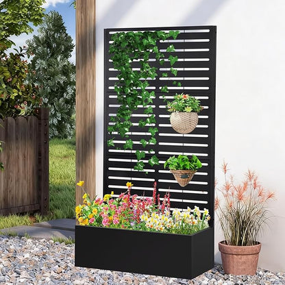 Metal Raised Garden Bed with Trellis,Planter Box for Climbing Plants, Vegetables & Vines, Features Drainage Holes and Privacy Screen.raised garden beds outdoor planters for porch (White, 71"x35"x16")