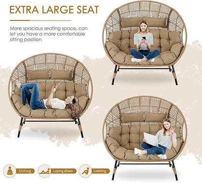 NICESOUL® Double Egg Chair Indoor Outdoor Stationary Oversized 6.5" Thick Padded Cushions,2 Person Wicker Egg Loveseat Chair,680 lbs Extra Wide Lounge Chair for Patio Balcony Porch Brown with Cover
