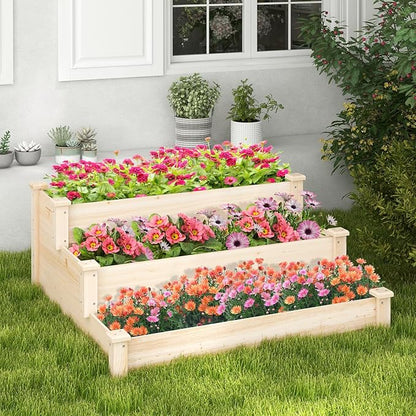 Giantex 3-Tier Raised Garden Bed, Tiered Planter Box w/Open-Ended Base, Fir Wood Elevated Raised Beds for Gardening, Vegetable Flower Herb Fruit, Perfect for Patio, Lawn, Backyard