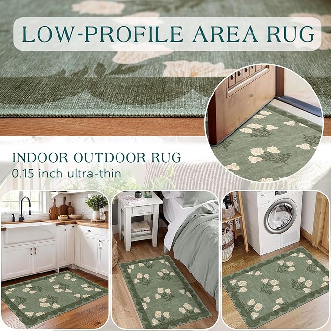 Outdoor Rugs Sage Green Floral Door Mat, 2 x 3 Ft Polyester