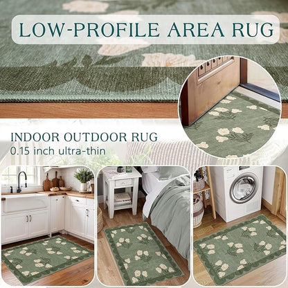 Outdoor Rugs Sage Green Floral Door Mat, 2 x 3 Ft Polyester