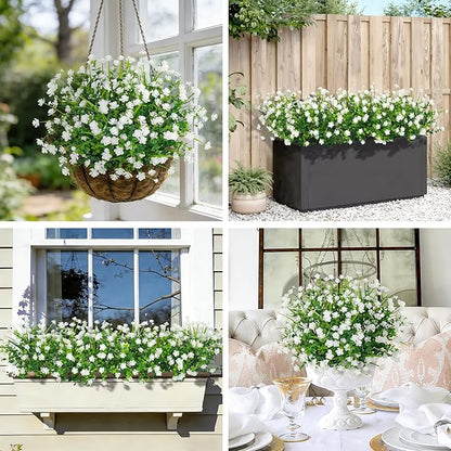 20 Bundles Artificial Flowers for Outdoors Fake Plastic Flowers UV Resistant Realistic Faux Plants Shrubs for Spring Summer Garden Porch Yard Patio Planter Window Box Home Decor, White