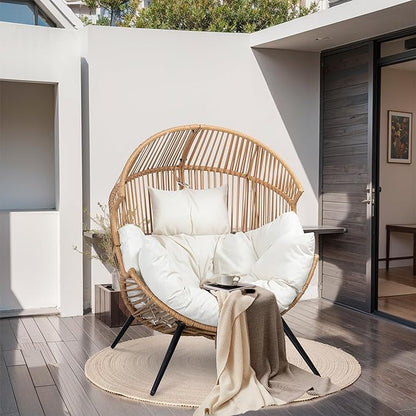 JAMFLY Egg Chair Wicker Outdoor Chairs, Oversized Patio Chair Oversized Lounger Chair with Cushion for Indoor Living Room, Bedroom, Outside Patio Backyard Balcony, Beige