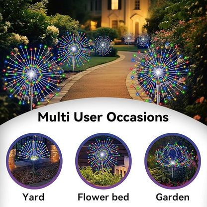 Garden Outdoor Lights, 4 Pack 120 LED Solar Garden Lights Fairy Lights Outdoor Waterproof Decorative Solar Firework Lights for Yard Patio Pathway Flowerbed Party Wedding Decor, Multicolor