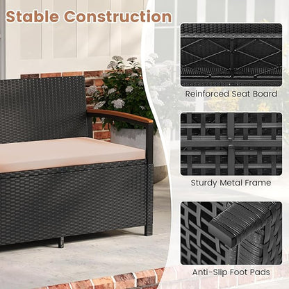 Outdoor Storage Bench in Black Rattan with 46-Gallon Storage