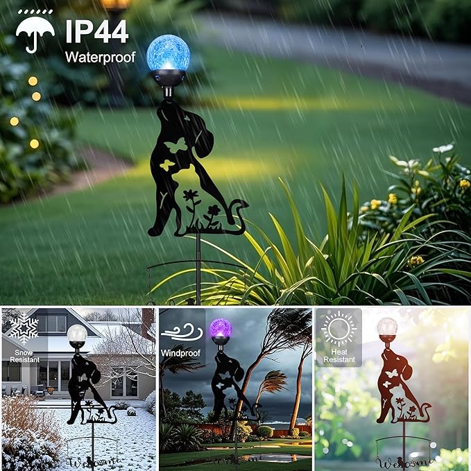Solar Dog Light Outdoor Decorative,Metal Black Dog&Cat Silhouette Solar Garden Stake,Multi-Colored Changing Glass Ball with LED Light,Welcome Yard Sign Lawn Ornament Decor Gifts for Women