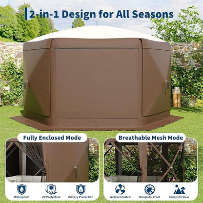 11.5x11.5FT 6-Sided Pop Up Gazebo Tent，One-Push Setup Canopy Tent with Mesh Panels & Removable Wind Cloths, Outdoor shelter for Camping, Backyard Parties, Outdoor Events - Beige & Khaki
