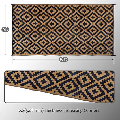 SAND MINE Reversible Mats, Plastic Straw Rug, Modern Area Rug, Large Floor Mat and Rug for Outdoors, RV, Patio, Backyard, Deck, Picnic, Beach, Trailer, Camping, Black & Brown, 9' x 18'