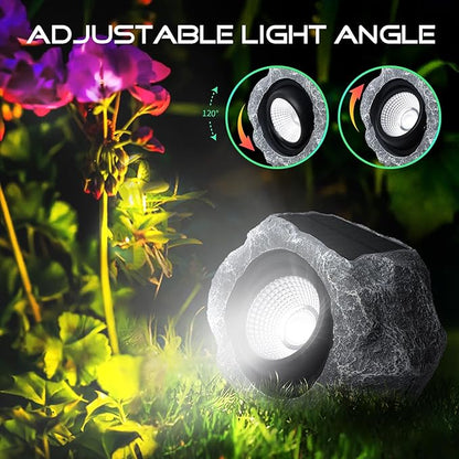 2 Pack Solar Rock Lights Outdoor, Angle Adjustable Solar Lights Outdoor Waterproof, LED Solar Garden Lights, Auto On/Off Landscape Lighting for Yard Pathway Patio Flower Bed - White Glow (Stone Gray)