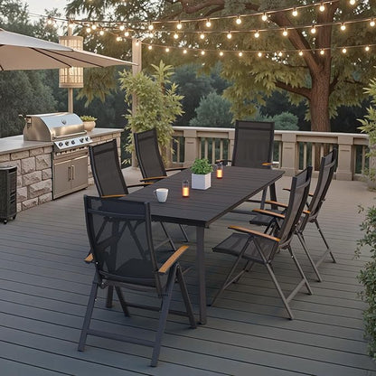 70 Inch Outdoor Patio Dining Table for 6 with Wood-Like Top & Umbrella Hole, Black All-Weather Deck & Backyard Table
