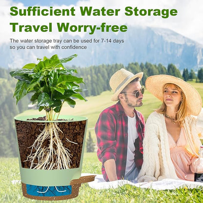Self Watering Pots, 7/6.5/6/5.5/5/4 inch Flower Pots with Multi Mesh Drainage Holes, Small Platic Planters for Indoor Outdoor Garden Plants and Flowers (Green with Brown Tray, 7"+6.5"+6"+5.5"+5"+4")
