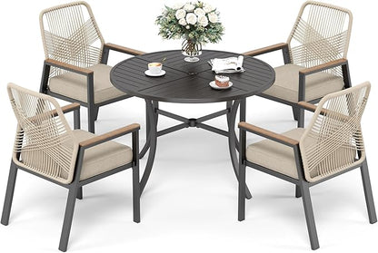 5 Pieces Patio Dining Set, 4 x Woven Rattan Chairs with Waterproof Cushion, 42” Metal Round Dining Table with Umbrella Hole, Outdoor Table and Chairs Set for Backyard Lawn and Deck, Beige