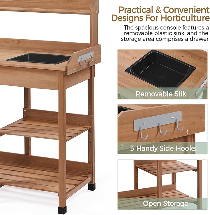 Yaheetech Potting Bench Outdoor Garden Work Bench Station Planting Solid Wood Construction for Horticulture w/Sink Drawer Rack Shelves Brown
