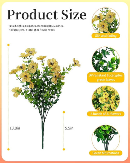 JAKY-Global Artificial Flowers for Outdoors Faux Outside Plants Spring Summer Decorations 16 Bundles UV Resistant Silk Daisy Fake Eucalyptus Realistic Yard Porch Patio Window Planter Box Decor-Yellow
