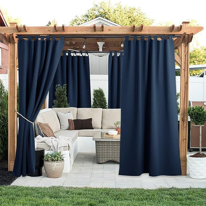 NICETOWN 2 Panels Exterior Blackout Outdoor Curtainss for Patio Waterproof, Thermal Insulated Self-Sticky Tab Top Durable Outside Vertical Blinds for Yard Party/Porch, Navy Blue, W52 x L95