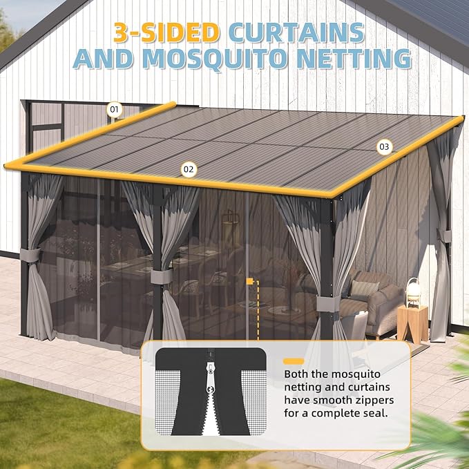 AECOJOY 20' x 10' Outdoo Gazebo for Patio with Curtains and Netting, Large Wall-Mounted Pergolas and Gazebos Clearance Hardtop 10x20 Lean to Metal Gazebo with Patio Roof, Heavy Duty Awnings for Patio