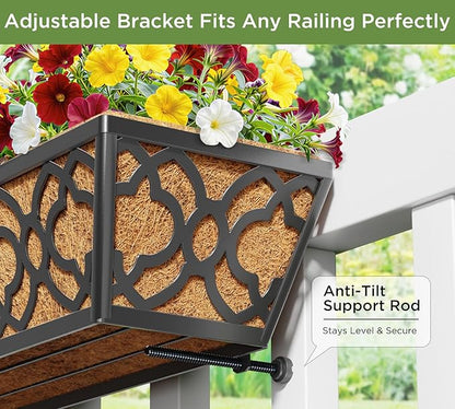Y&M 24 Inch Window Deck with Coco Liner, Fence Metal Hanging Flower Planter Window Basket Deck Railing Planter Boxes for Outdoor Garden Lawn,6pcs