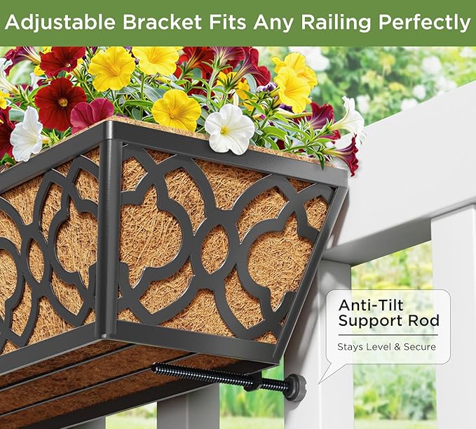 Y&M Flower Boxes for Deck Railings 24inch 4packs, Deck Railing Planter Boxes with Coir Liner Outdoor Railing Window Boxes Planters Hanging Planter Flower Box