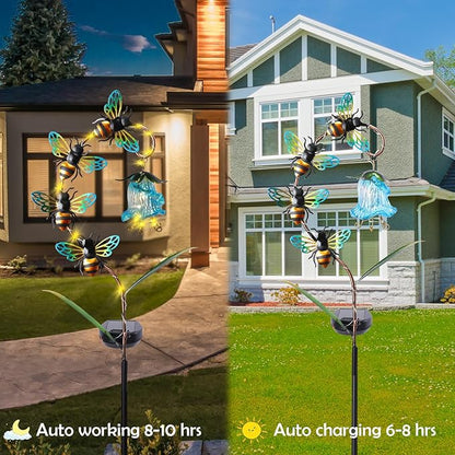 Afirst Decorative Solar Lights Outdoor Solar Bee Stake Light with Glass Flower Metal Decorative Garden Lights Outdoor Waterproof Stakes for Pathway Yard Lawn Decoration Mothers Day Mom Gifts