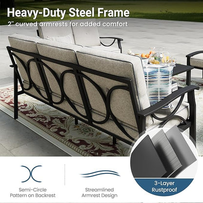 RoyalCraft Outdoor Patio Furniture Set, 3 Pieces Metal Patio Conversation Set with Side Table for Porch Garden Backyard, Black