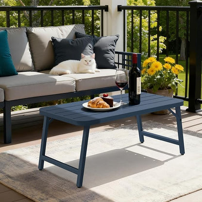 VINGLI Outdoor Folding Coffee Table, Rectangle Drainable Iron Patio Table for Balcony, Porch, and Living Room, Blue