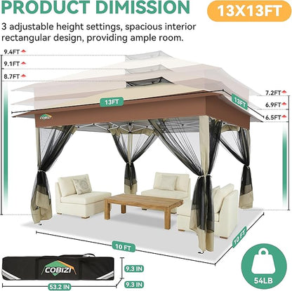 COBIZI 13x13 FT Pop up Gazebo on Clearance - Outdoor pop up Canopy Tent,carpas para Patio, Shelter - Screen Tents with Portable Carry Bag, Patio Gazebos for Camping,Garden,Deck,Backyard,Khaki