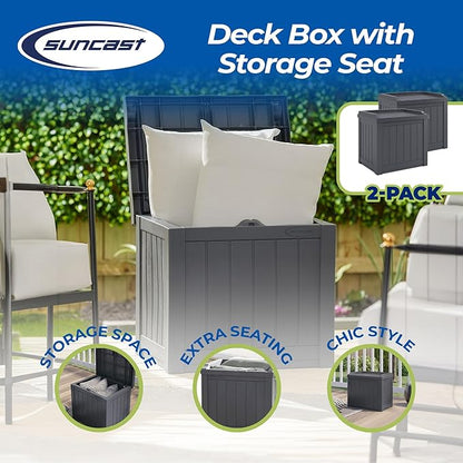 Suncast 2 Pack 22 Gallon Indoor or Outdoor Backyard Patio Small Storage Deck Box with Attractive Bench Seat and Reinforced Lid, Stone Gray