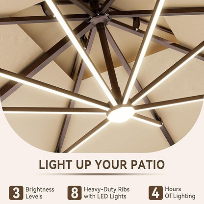 10 X 13 FT Cantilever Outdoor Patio Umbrella with Led Lights Large Heavy Duty 360° Rotation Double Top Offset Rectangular Umbrellas for Backyard Garden Pool Outside Deck, Beige