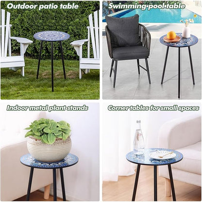 Metal Outdoor Side Tables Set of Two Small Outside Round End Table for Patio Modern Accent Garden Corner Table for Small Spaces, Balcony, Porch, Weather-Resistant, Plant Stand Indoor, Blue