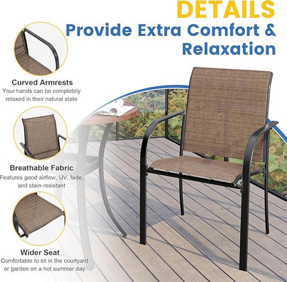 VICLLAX Patio Dining Set for 6, All Weather Metal Outdoor Furniture Set- 47" Round Patio Table and Chairs, Walnut Tabletop and Brown Fabric
