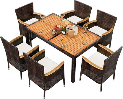 Shintenchi 7 Piece Patio Dining Set, Wicker Patio Conversation Set with Wooden Table Top, Outdoor Table and Chairs with Soft Cushions for Backyard, Deck and Garden, Brown Rattan